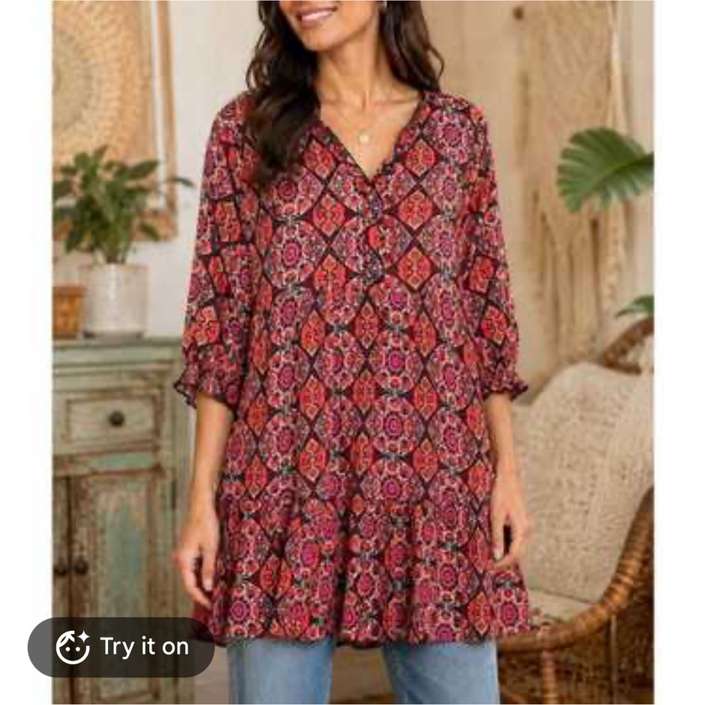 Natural Life Pink Red Floral Paisley Boho Tunic Dress Sz S Boho Cottagecore Cute